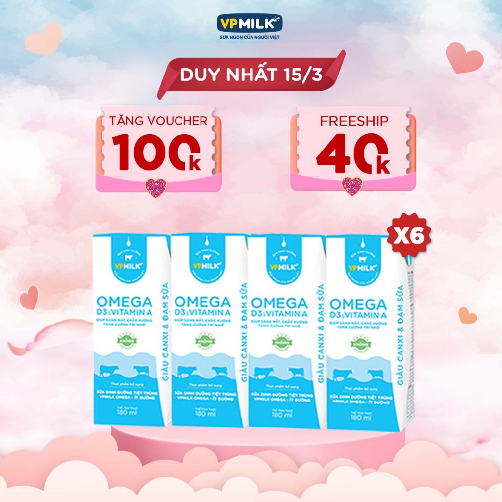 [Combo 6 lốc] Sữa Dinh Dưỡng Tiệt Trùng VPMilk Omega ÍT ĐƯỜNG dành cho bé 180ml (4 hộp x 6)