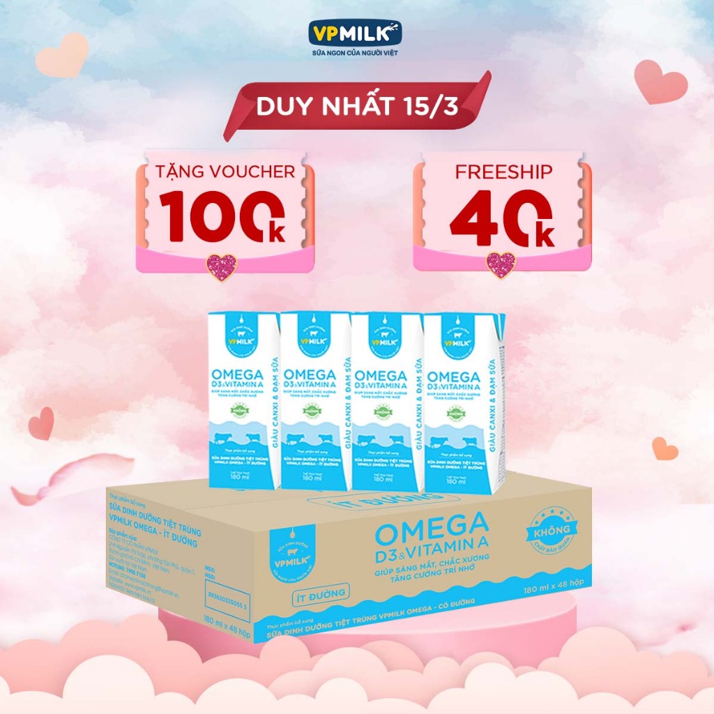 Sữa Dinh Dưỡng Tiệt Trùng VPMilk Omega Ít Đường dạng hộp 180ml (thùng 48 hộp)