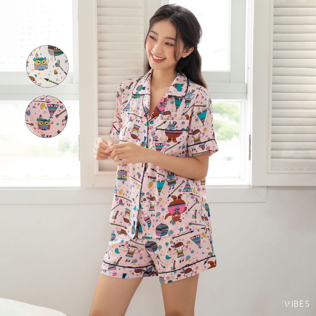 VIBES Đồ bộ Pijama ngắn Owl Pink Py Set