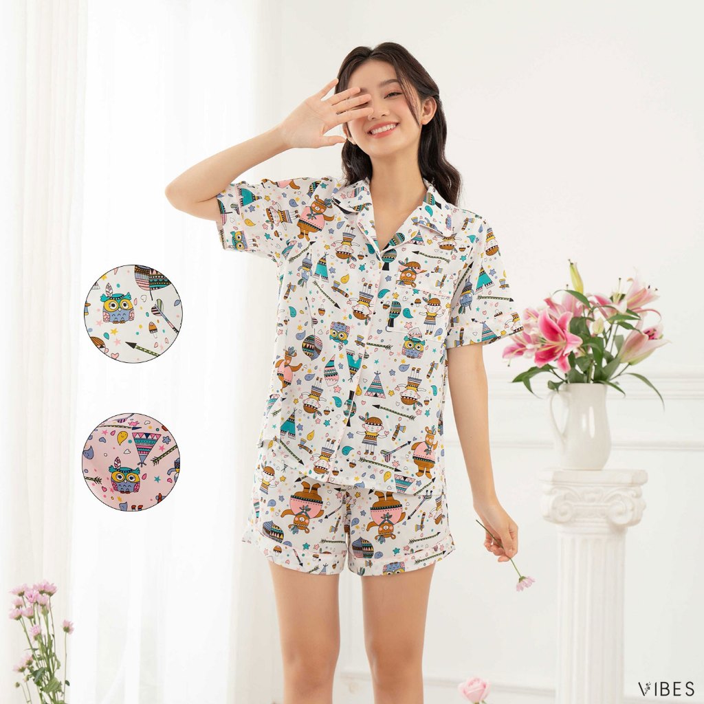 VIBES Đồ bộ Pijama ngắn Owl Pink Py Set