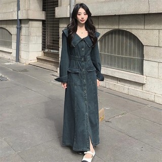 Váy bò demi tay dài liền thân dáng dài màu xanh đậm dáng xòe