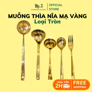 Muỗng nĩa mạ vàng, thìa kim loại màu vàng đầu tròn nhiều kích cỡ