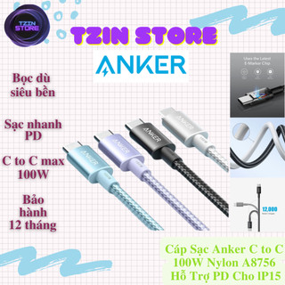 Cáp sạc anker c to c 100w bọc dù siêu bền a8756 new fullbox