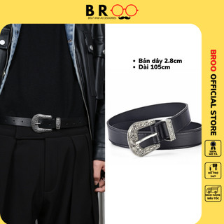Thắt lưng nam nữ BROO mặt hoa văn bản nhỏ 2.8cm, dây nịt da slr thời trang unisex cao cấp