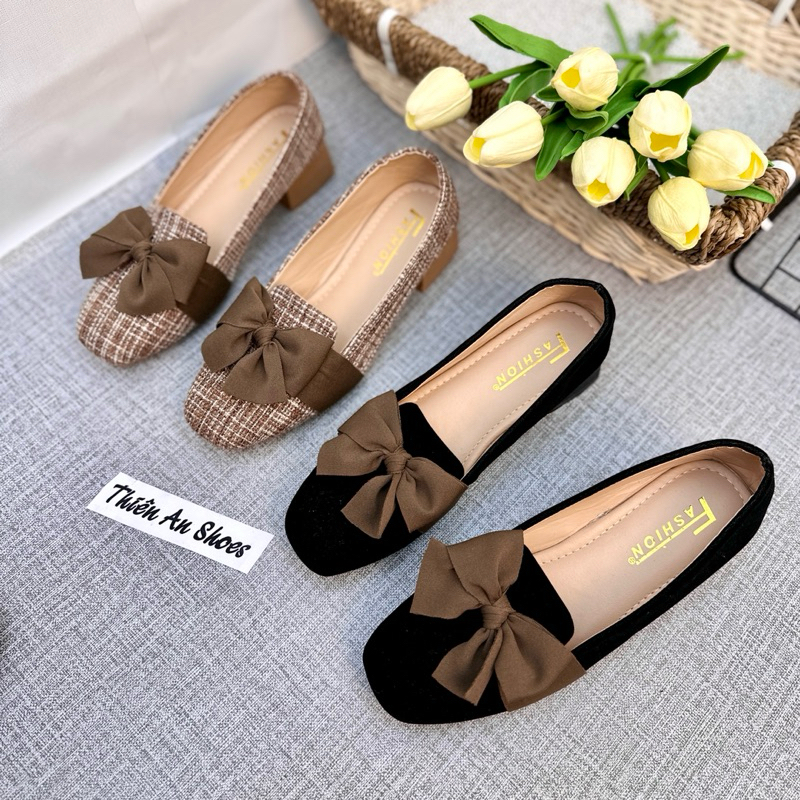 Giày búp bê nữ nhung mũi tròn phối nơ Thiên An gót 3 phân TA11