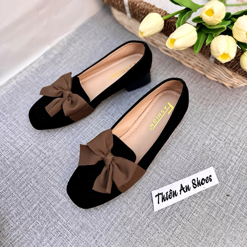 Giày búp bê nữ nhung mũi tròn phối nơ Thiên An gót 3 phân TA11