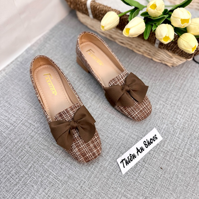 Giày búp bê nữ nhung mũi tròn phối nơ Thiên An gót 3 phân TA11