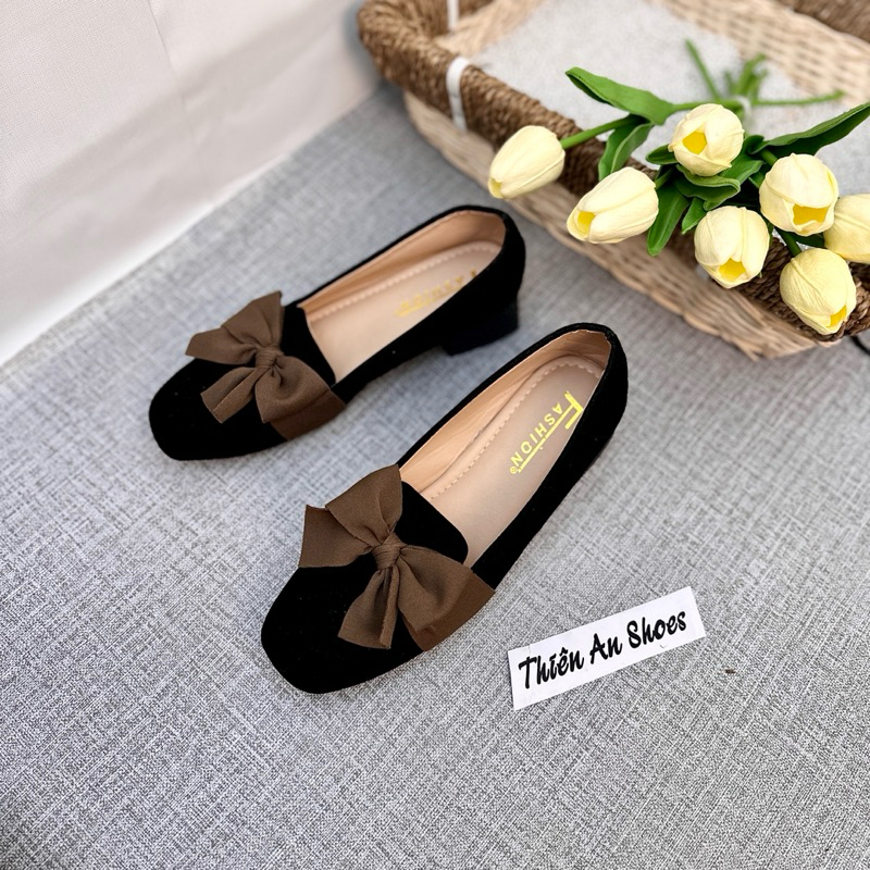 Giày búp bê nữ nhung mũi tròn phối nơ Thiên An gót 3 phân TA11