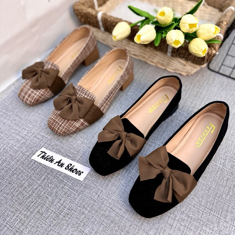 Giày búp bê nữ nhung mũi tròn phối nơ Thiên An gót 3 phân TA11