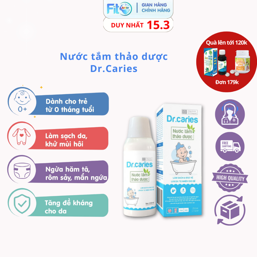 Nước Tắm Thảo Dược Dr.Caries Giúp Giảm Mẩn Ngứa Và Rôm Sảy, Hỗ Trợ Làm Sạch, Mát Da Bé - Chai 250ml