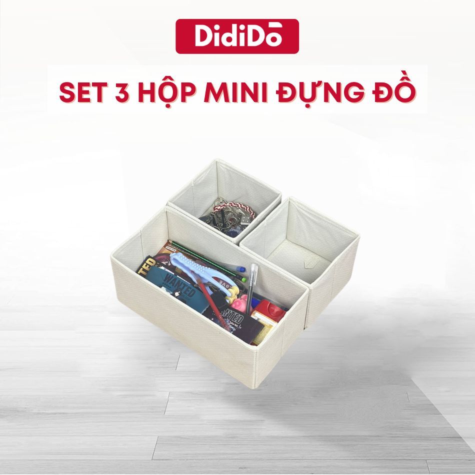 Set 3 hộp vải đựng đồ, Hộp đựng các vật dụng nhỏ, trang sức để bàn, ngăn tủ, hộc tủ nhỏ gấp gọn loại tiêu chuẩn