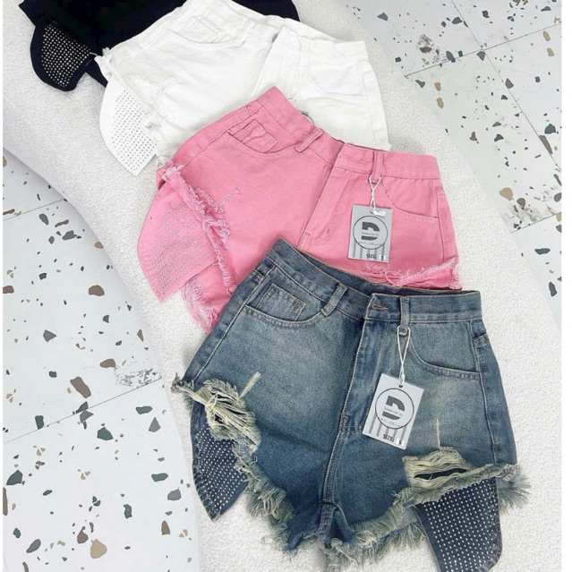 Quần Short Jean Rách Tua Lộ Túi Đính Đá Dài Nhiều Màu