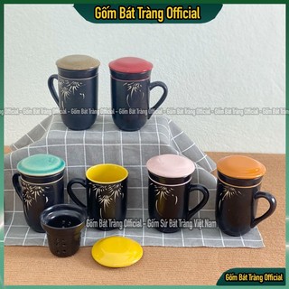 Ly pha trà bát tràng có lõi lọc, ly sứ lọc trà bát tràng men màu khắc trúc