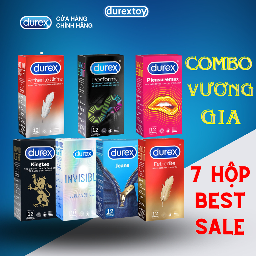 Combo Vương Gia 7 Hộp 72 Bao Cao Su Durex Siêu Mỏng, Kéo Dài Thời Gian, Ôm sát, Gân Gai Chính Hãng  - Durextoy