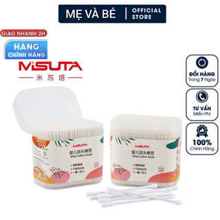 Tăm bông misuta hộp 200 que, đầu tròn và đầu dẹp tiệm lợi để vệ sinh cho bé