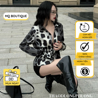 Áo lụa sơ mi nữ tay dài cao cấp công sở, áo sơ mi họa tiết đốm báo đen nâu nền đen thiết kế MQ Boutique