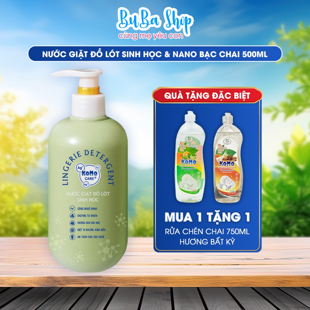 Nước Giặt Đồ Lót Sinh Học Trà Xanh Nano Bạc KOMO Chai 500ml Cân Bằng PH Hỗ Trợ Cải Thiện Các Vấn Đề 