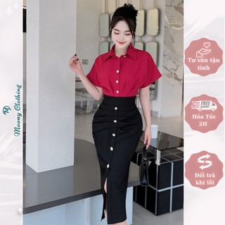 Đầm Công Sở Sơ Mi Tay Ngắn Cổ Bẻ Thiết Kế Phối Màu Xẻ Tà Ôm Body Chất Liệu Mango Hàn Size 40-65Kg