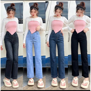  Quần Jeans Ống Đứng Nữ Co Giãn Trơn Lai Cuốn 