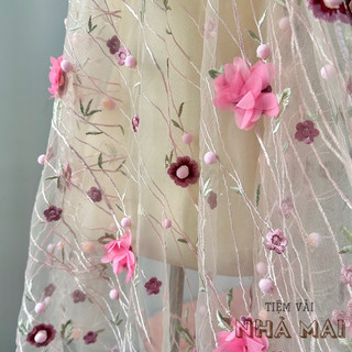 1m vải lưới tutu thêu hoa nổi 3d pompom xinh xắn