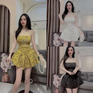 Đầm xoè vàng tiểu thư phối xích kèm ảnh thật + quần lót rời