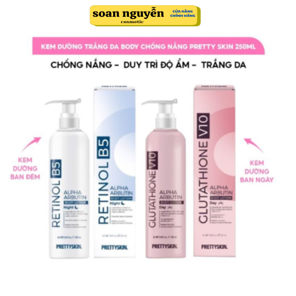 combo kem dưỡng thể trắng da,chống nắng ban ngày Glutathione V10 và dưỡng thể trắng da ban đêm retinol B5 alpha abutin b