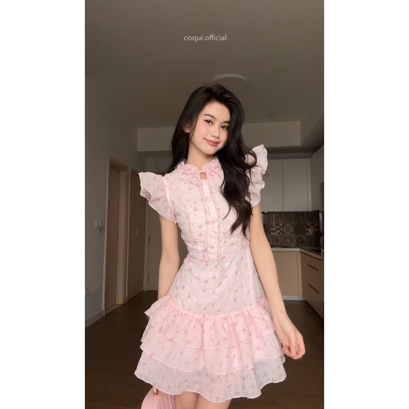 Đầm tiểu thư tơ hoa nhí dáng xoè ngắn COQUI, váy thiết kế nữ sang chảng phối tầng bồng bềnh NANA DRESS | BigBuy360 - bigbuy360.vn