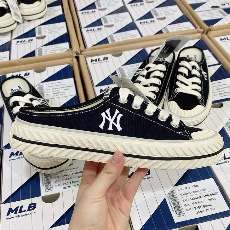 CHÍNH HÃNG - GIÀY MLB PLAYBALL ORIGIN BLACK MULE (NEW VERSION) - Giày lười, xỏ ngón, sục màu đen