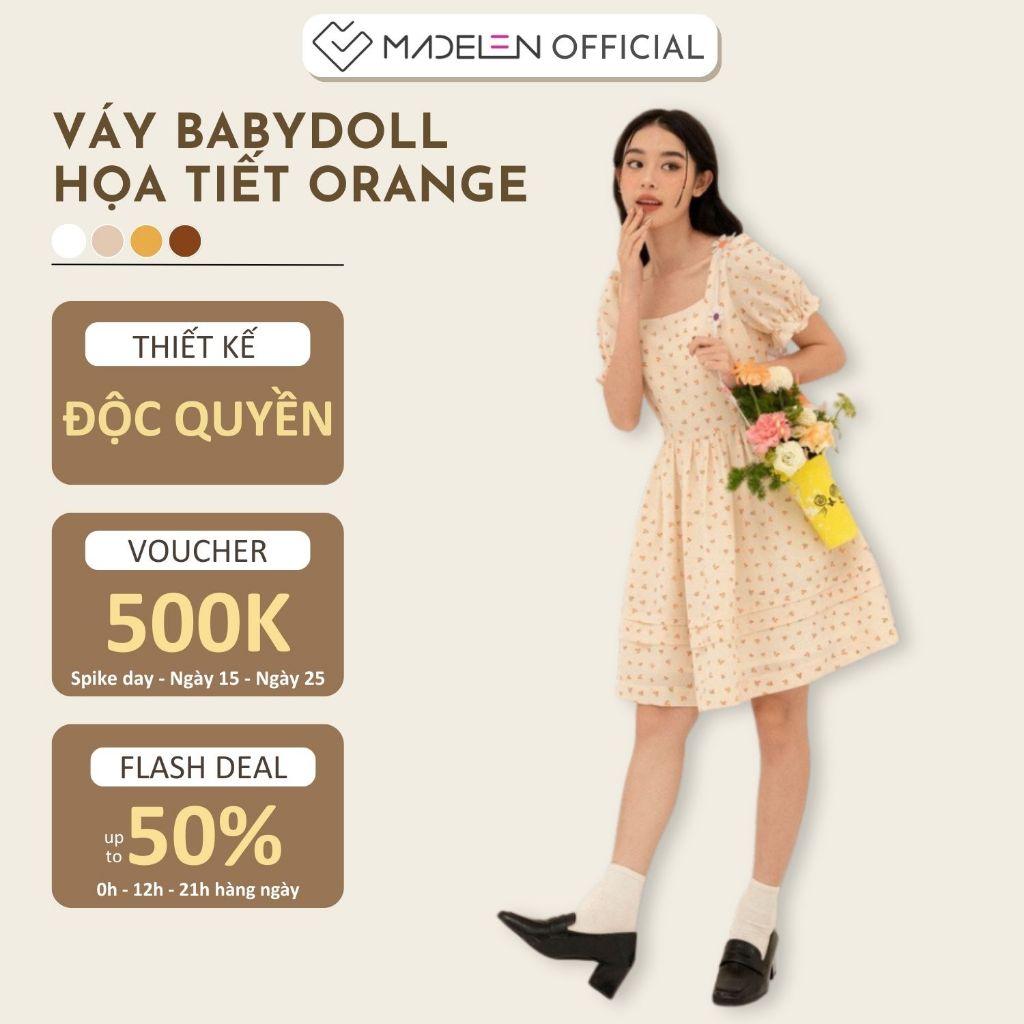 Váy xòe ngắn tay cổ vuông họa tiết quả cam MADELEN