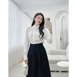 Áo sơ mi công sở nữ lụa tằm sọc giấu cúc dáng cổ đức cơ bản vải 259