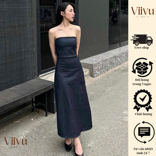 Đầm nữ cúp ngực trễ vai , Đầm ống jeans dáng dài lưng chun tôn dáng