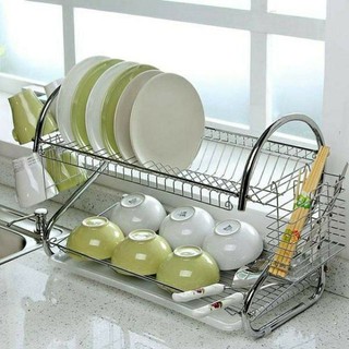 Kệ úp bát đĩa inox 2 tầng có ống cắm đũa tiện lợi