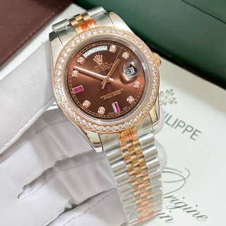 Đồng Hồ Nam Rolex Day Date Hai Lịch, Mặt Nâu Cà Phê Ruby Góc 6-9H, Size 38/40mm, Kính Saphia Chống Xước, Chống Nước 5ATM