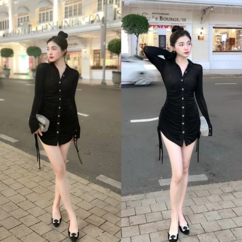 bigsize đầm phối nút rút hông bầu