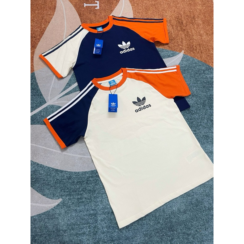 Áo phông nam nữ Premium Cotton Adidas dệt raglan thêu 3 sọc tay in hoạ tiết ngực lưng