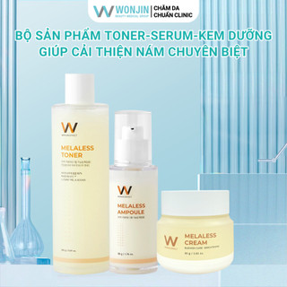 Bộ 3 Dưỡng Trắng, Mờ Sạm Nám Chuyên Sâu, Chống Lão Hóa WonJin Toner Melaless 250ml, Serum Melaless 50ml+ Kem Dưỡng Melal