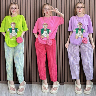 Sét bộ nữ áo cotton khô 3158 mix quần kẻ baggy_Vịt