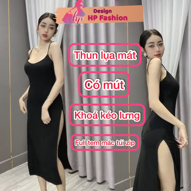 Đầm 2 dây xẻ tà có mút maxi dáng dài, váy hai dây  kiểu nữ ôm body màu đen thun lụa mát thiết kế tôn dáng G795