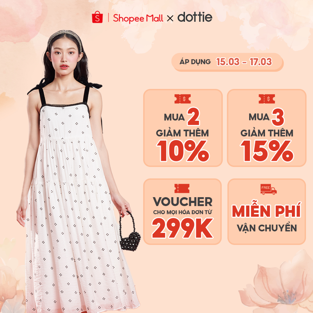 DOTTIE - Đầm hoa midi phối dây - Trắng - D0588