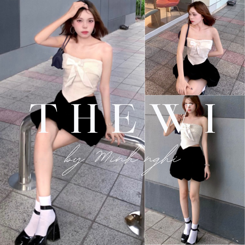 THEWI - Set áo corset dạ lông + chân váy nhung dáng bí S111