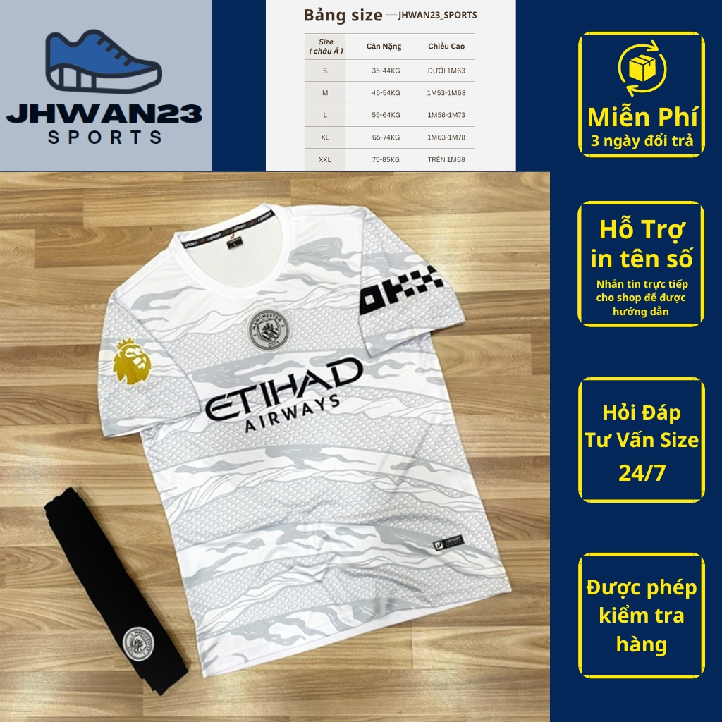 Bộ Quần Áo Man City MC Trắng Xám họa tiết rồng 2024 - Quần đen - Thun lạnh Poly