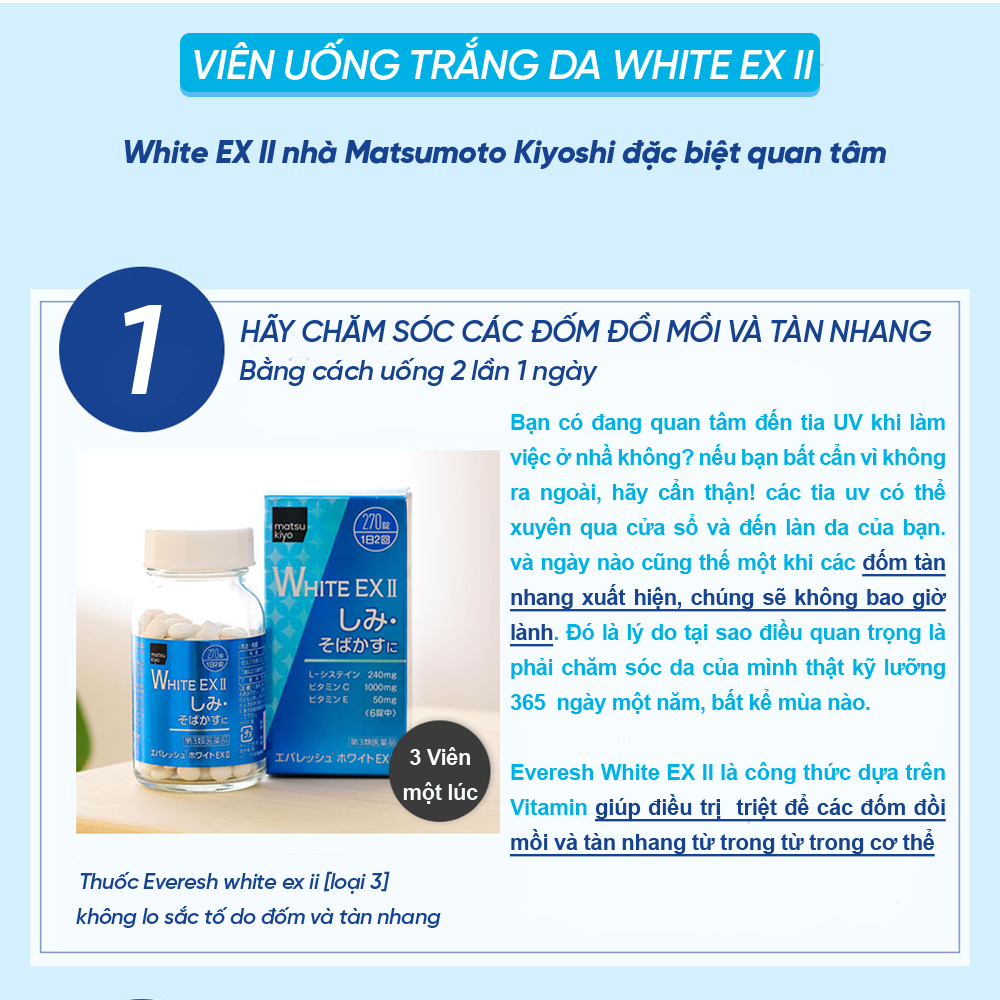 Viên Uống Trắng Da White EX II 270 Viên Nhật Bản Giúp Da trắng, Mờ Thâm Nám