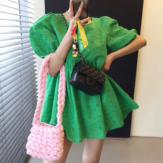 VÁY HOA CÚC NỔI CỔ TRÒN TAY BỒNG STYLE MÙA HÈ HÀN QUỐC