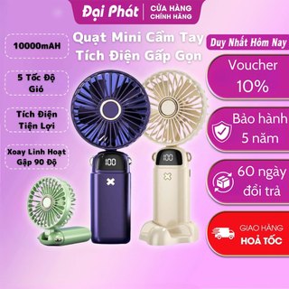 Quạt cầm tay tích điện dung lượng pin khủng 10.000 mah, quạt mini 5 cấp độ gió sạc pin tiện dụng xoay 90 độ