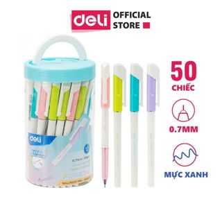 Hộp 50 Bút Bi, Viết Bi Mẫu Mới Deli Ngòi 0.7mm Mực Xanh - Nhanh Khô - Nét Trơn Tru Không Hằn Giấy - EQ02636