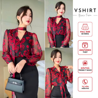 Áo sơ mi hoa đỏ von tơ tay dài bigsize VSHIRT