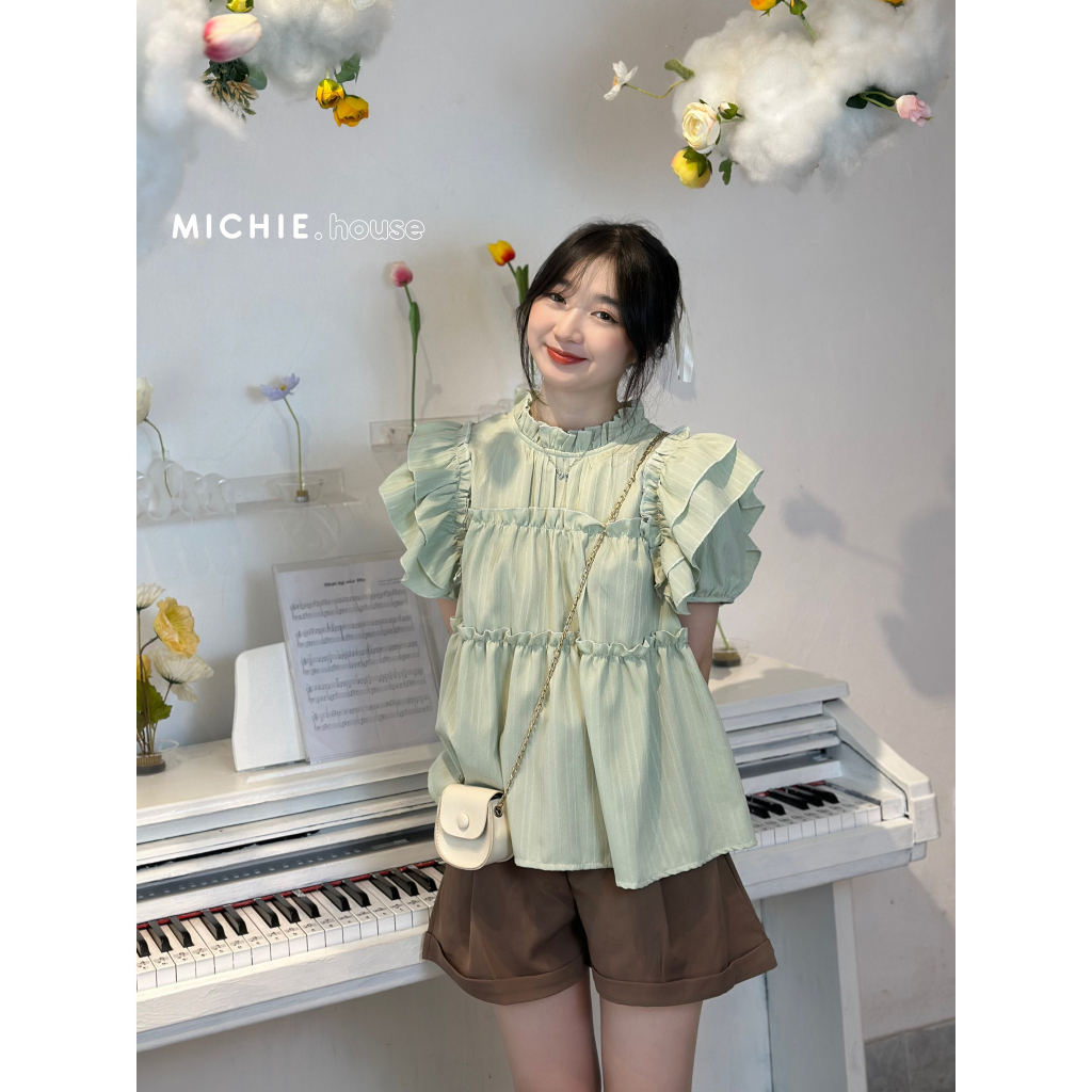 Áo babydoll tay bồng bèo tầng vạt cánh tiên chất đũi gân mềm mát