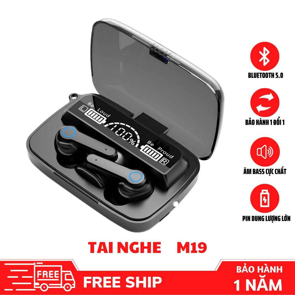 Tai nghe bluetooth M19 chip 5.1 bản mới nhất 2023,tai nghe không dây pin trâu cảm ứng nhạy cùng đèn led và âm thanh đỉnh