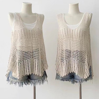 Áo ba lỗ lưới đi biển phong cách bohemian, áo lưới sát nách cổ v dáng rộng họa tiết đan đơn giản