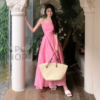 Váy hồng dâu sữa maxi dáng xoè cổ én hở lưng siêu xinh hottrend mùa hè